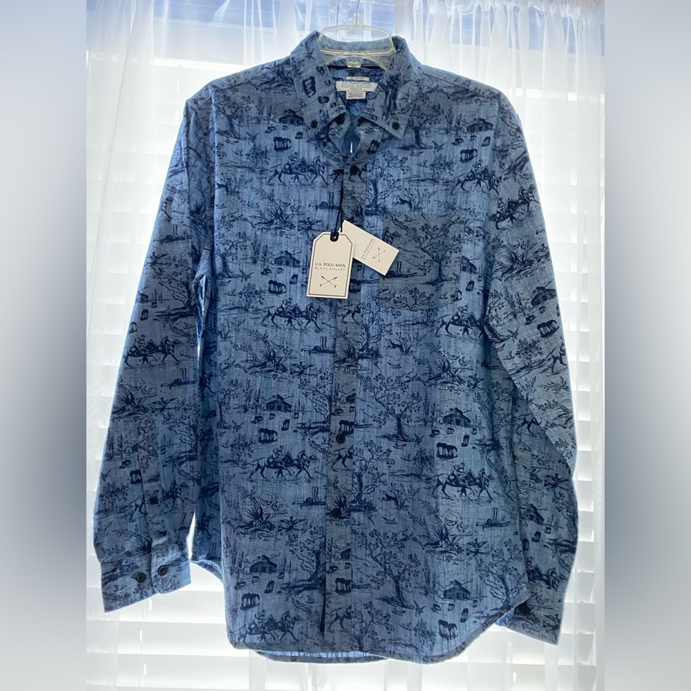 MENS POLO LONG SLEEVE SHIRT  Blue Print M Slim Black Mallet NWT